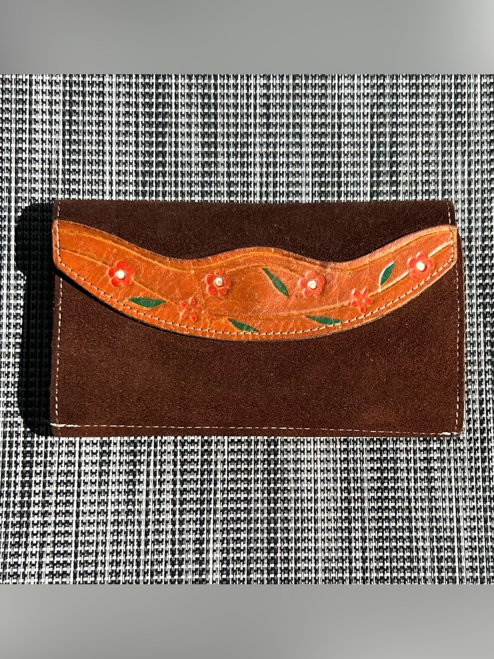 Suede Leather Wallet / Organizer – Hand-Tooled Floral Design (Made in Brazil)